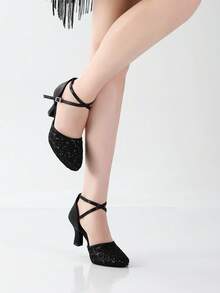 Damen Schwarze Ballroom Tanzschuhe 7cm Latein Tanzabsätze mit Mesh-Obermaterial, Knöchelriemen geschlossene Zehenpartie, weiche Sohle Tanzschuh für Training Aufführung Tango Salsa ChaCha Flamenco - Schwarz - Übersicht 5