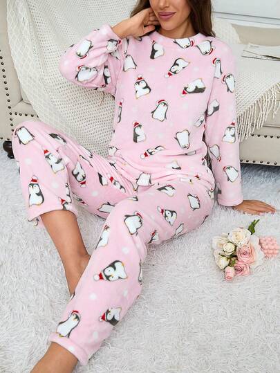 Conjunto de pijama de inverno com 2 peças, pijama fofo forrado de flanela com estampa fofa de pinguins, roupa de dormir minimalista e moderna, conjunto de 2 peças, roupas de outono