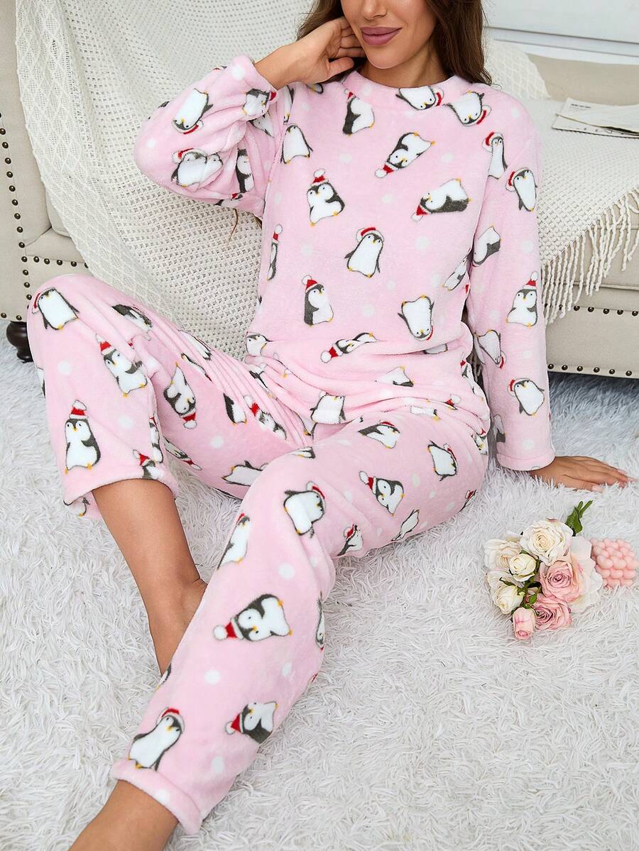 2pcs/Set Winter Pajama Set, Flannel Lined Fluffy Pajamas With Cute Penguin Pattern, Minimalist & Fashionable Sleepwear, 2 Pieces Set, Fall Clothes