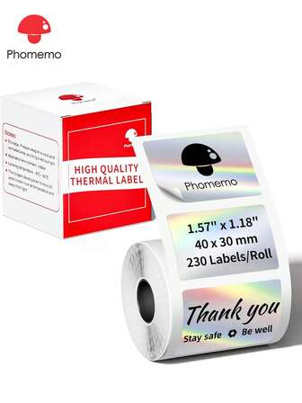  1卷 Phomemo 热敏标签纸，激光彩色方形标签，尺寸 1.57 英寸 x 1.18 英寸（40 x 30 毫米），兼容 Phomemo M110/M220/M120/M200/M221/M102/M108/M100/M150/M160/M250/M260/M421 标签打印机，多用途自粘热敏打印纸，适用于制作服装标签、价格标签、类别标签、包装贴纸、运输标签、产品标签、成分标签、礼品标签、文件标签、厨房标签、便签纸等。