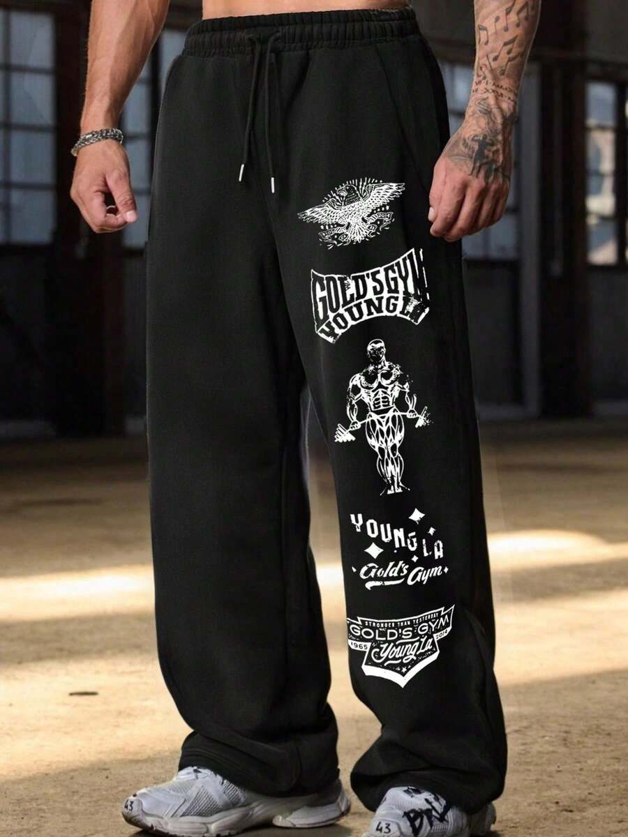 Pantalones de chándal de pierna recta con estampado de águila, joggers de corte holgado unisex, apropiados para el gimnasio, streetwear y uso casual, cómodos y de moda, para todas las temporadas, para raves - Negro - Ver 1