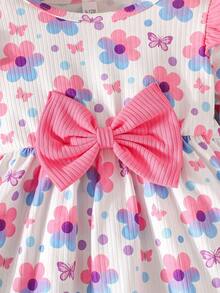 2 Stücke/Set Baby Mädchen Blume Muster Langarm Kleid mit Schleife, eleganter College-Stil