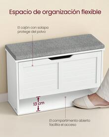 Banco Zapatero Acolchado, Mueble de Recibidor de 3 Niveles para 9 Pares de Zapatos, Cajón Abatible, 30 x 80 x 53,5 cm, para Entrada, Dormitorio, Blanco Nube y Gris Paloma - Nube blanca - Ver 1