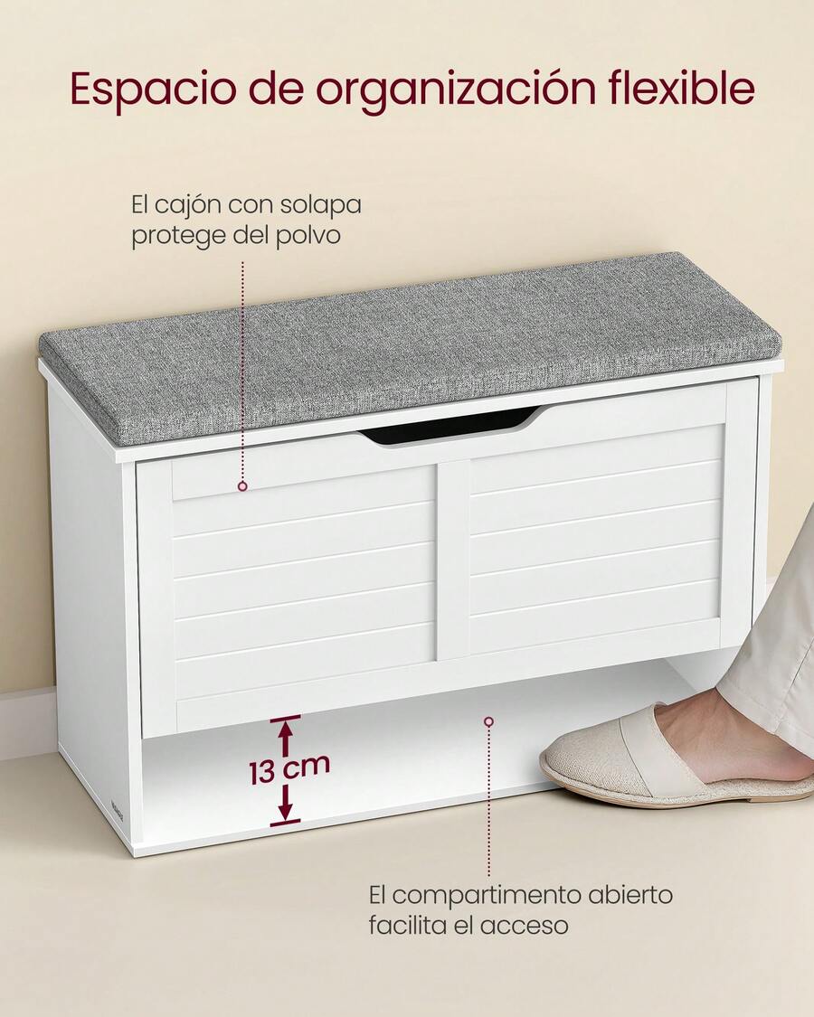 Banco Zapatero Acolchado, Mueble de Recibidor de 3 Niveles para 9 Pares de Zapatos, Cajón Abatible, 30 x 80 x 53,5 cm, para Entrada, Dormitorio, Blanco Nube y Gris Paloma - Nube blanca - Ver 1