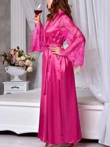 1pc - Wearable Sexy Robe, Bathrobe, Sleepwear, Satin Lace Long Sleeve Nightgown For Women, Christmas/Valentine's Day Gift (Styles Randomly Shipped), Holiday Essential, Autumn, Thanksgiving, Christmas, Carnival, National Day, Independence Day (Styles Randomly Shipped) - Red - View 3