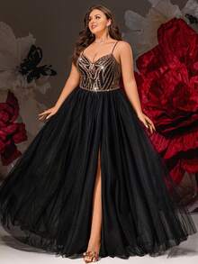 VIPGIRL Große Größen Schwarzes Pailletten-Mesh-Slip-Kleid mit transparentem Rocksaum, elegantes langes Abendkleid für kurvige Frauen, ideal für Galas, formelle Abende oder glamouröse Anlässe - Schwarz - Übersicht 5