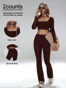 时尚镂空设计、拉长腿部轮廓、塑形支撑、协调套装、#AthleticElegance #RetroFlare #GlamWorkout、优雅健身套装、齐腰瑜伽服、高腰喇叭裤套装、修身运动服、优雅短款长袖上衣和高腰喇叭瑜伽裤套装 - 棕色 - 查看 2