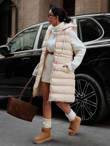 Casual Solid Color Drawstring Waist Sleeveless Hooded Jacket, Versatile For Winter - Beige - View 1
