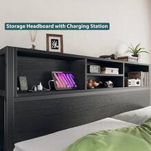 Estructura de cama de metal con 6 cajones de almacenamiento y estación de carga. Plataforma de cama con cabecera con librero. Sin ruido, sin necesidad de somieres. - Negro - Ver 4
