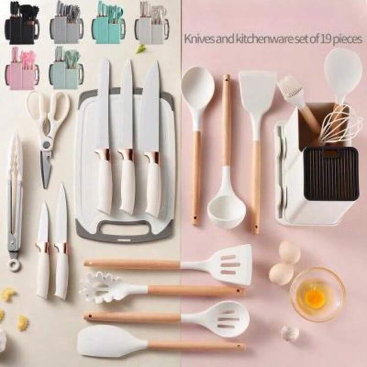 19-Piece Silicone Kitchen Utensil Set With Heat-Resistant Wooden Handles - Premium Non-Stick Utensil Set - 灰色 - 查看 4