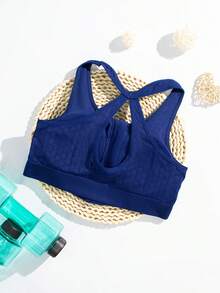 1 pieza Sujetador deportivo sin costuras y calado, Sujetador deportivo con cremallera frontal transpirable para mujeres