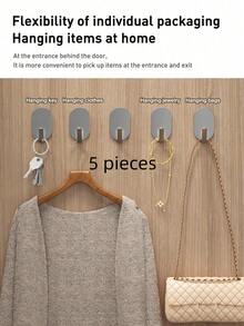 5pcs Strong Adhesive Hooks, No Drilling Needed, Stainless Steel Wall Hanger For Kitchen, Bathroom, Bedroom, Towel, Coat, Keys, Bags