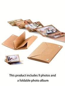 1pc Custom Folding Photo Album, Customized Postcards, Photos, Contains 9 Photos, Can Be Customized With Your Own Photos, Card Storage, Photo Memory Book, Diy Collage Style, Foldable Scrapbook, With Card Stock Pages, Khaki Portable Photo Organizer, Suitable For Weddings, Family Events, Souvenirs And Gift Storage, Photo Storage Box