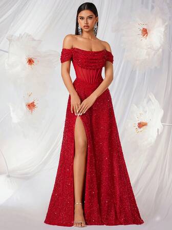 亮片露肩镂空鱼骨图案舞会礼服，高腰褶皱设计，配缎带开衩大腿，露背系带，适合鸡尾酒会、晚宴、及地长裙，也适合婚礼宾客、正式场合、毕业典礼、约会之夜和新年等场合穿着。