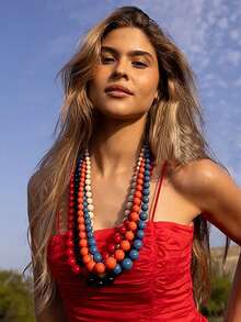 1 pieza Collar de efecto de ampliación gradual tejido con cuentas de plástico de estilo bohemio geométrico, collar largo para mujer, adecuado para vacaciones, viajes, regalos y uso diario