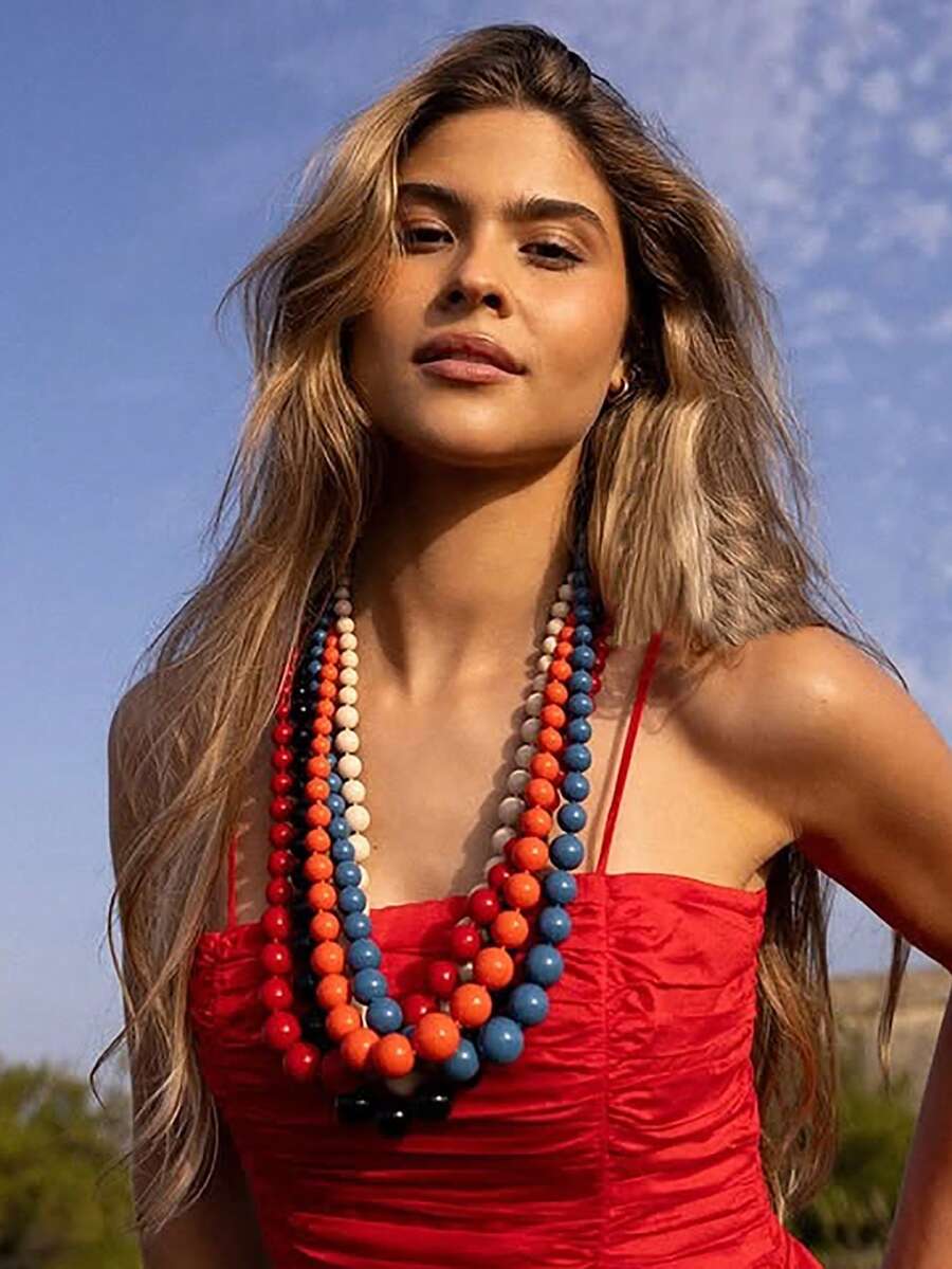 1 pieza Collar de efecto de ampliación gradual tejido con cuentas de plástico de estilo bohemio geométrico, collar largo para mujer, adecuado para vacaciones, viajes, regalos y uso diario