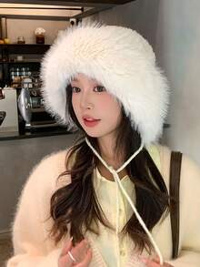 1 szt. puszysty mongolski futrzany kapelusz typu bucket hat dla kobiet, miękki i ciepły wzór futra chroni głowę i twarz przed zimnym wiatrem, regulowany ściągacz do różnych rozmiarów głowy, praktyczny i modny zimowy dodatek do codziennego noszenia