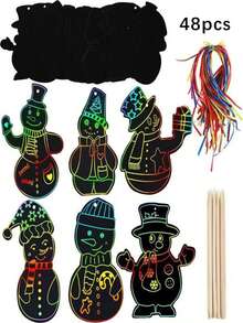 24/48 pièces Set de grattage de Noël, Signets à gratter en papier pour sapin de Noël DIY, Grattages décoratifs d'arbre de Noël créatifs, Signets de bonhomme de neige DIY pour création de peinture libre, Cadeaux créatifs de Noël