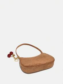 1pc Soft Suede Short Plush Autumn/Winter Decorative Cherry Pendant, Women Simple Shoulder Bag With Zipper Closure, Vintage Style Underarm Bag, Suitable For Various Occasions - Mocha Brown - View 4