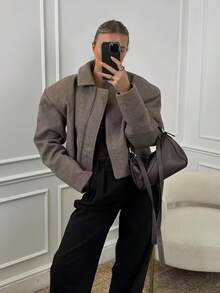 女士卡其色粗花呢外套，长袖，前拉链，宽松休闲街头风大衣，适合秋冬春季穿着 - 卡其色 - 查看 5