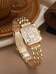 1 件简约女士条形刻度表盘时尚新颖不锈钢表带石英表，适合日常搭配、生日、女士礼物、周年纪念、年终促销、光棍节、万圣节促销，无礼盒