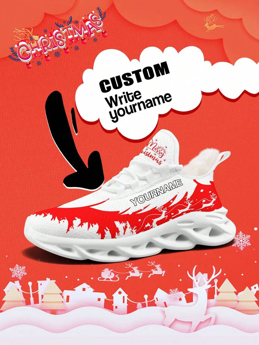 Custom Women's Christmas Plush Lining Sneakers With Personalized Name Print, Festive Santa Belt Design Cozy Shoes With Customized Photo, Lightweight Comfortable Soft Bottom Warm Sneakers For Men And Women, Gym Training Breathable Tennis Shoes, Unique Christmas Gift For Mom/Dad/Her/Him/Girlfriend/Boyfriend/Wife/Husband/Friend ﻿