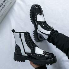 切尔西靴男士高帮皮鞋韩版英伦踝靴发型师皮靴黑色商务通勤正装鞋英伦尖头加大码婚礼新郎牛津鞋，男士牛仔靴冬季，亮面高帮休闲德比鞋适合俱乐部派对夏季舒适黑色靴子，手工男士工装靴，厚底西部靴春季直筒靴，漆皮亮面摩托车靴，秋季品牌系带骑马靴 - 黑與白 - 查看 5