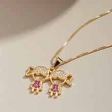Delicate Women's Necklace With Children's, Boy's And Girl's Pendants, Plated In 18K Gold And 925 Silver With Zirconias - 2 menina(Ouro) - 查看 2