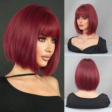 7JHH WIGS 12 Inch Grape Purple Red Bob Wigs For Women - Elegant Short Straight Wig With Bangs Soft Natural Synthetic Heat Resistant Hair Wigs For Daily Wear, School & Music Festivals Celebrations Use. Graduation Gift & Mother's Gift Wig Accessories