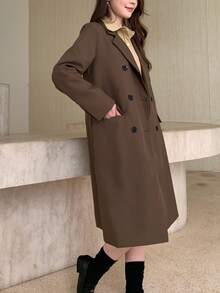 Elegant Solid Color Lapel Double-Breasted Double Pocket Jacket, Autumn - Brown - View 2