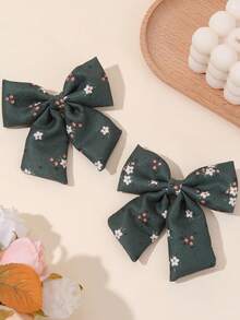 2pcs Flower Pattern Hair Bows For Girls Green Bow Hairpins With Tail Cute Floral Print Bow Barrettes Casual Daily Holiday Birthday Party Headpiece Kids Baby Toddlers Hair Accessories