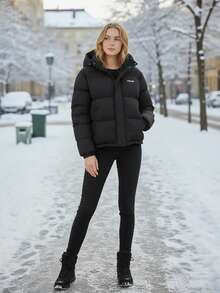 Women's Winter Hooded Puffer Jacket Zipper Thick Padded Coat Casual Streetwear Outerwear - Black - View 3