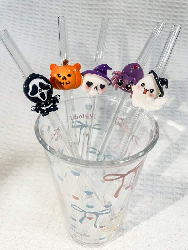 1 Stück/5 Stück/1 Set wiederverwendbare Glas-Trinkhalme in Halloween Cartoon-Formen, Trinkhalm-Hüllen mit süßen Geist-, Fledermaus-, Hexenhut- und Kürbis-Designs, transparent für Smoothies, Bubble Tea, Saft, Milch, Cocktails, Partys, Halloween, Zauberhut, gebogene Glas-Trinkhalme in verschiedenen Stilen