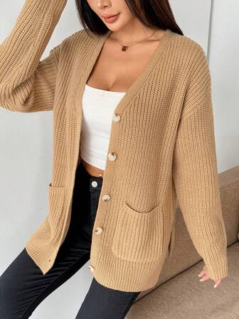 休闲纯色侧开口袋纽扣宽松开衫，春秋