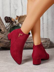 Botas de tobillo de tacón alto grueso con punta puntiaguda de unicolor para mujer - Exterior suave y a la moda, con cremallera lateral, adecuado para otoño/invierno - Burdeos - Ver 4