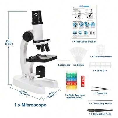 Microscopio óptico biológico de alta definición con iluminación dual LED, Body de metal, para laboratorio y experimentos científicos estudiantiles, compatible con smartphone con kit de accesorios, color blanco, para edades de 6 años en adelante | Regalo de Navidad, cumpleaños, Acción de Gracias, vuelta al colegio, Pascua, Día del Niño, Año Nuevo para niños y niñas