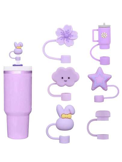 6Pcs Purple Cue Straw Cover Cap For Cup 40 30oz Tumbler, 10mm Reusable Cute Drinking Straw Topper Accessories, Portable Protector Plugs Decorations Gifts For Party Cute Cartoon Flower Straw Dust Cover, Compatible With Stanley Cup Accessories