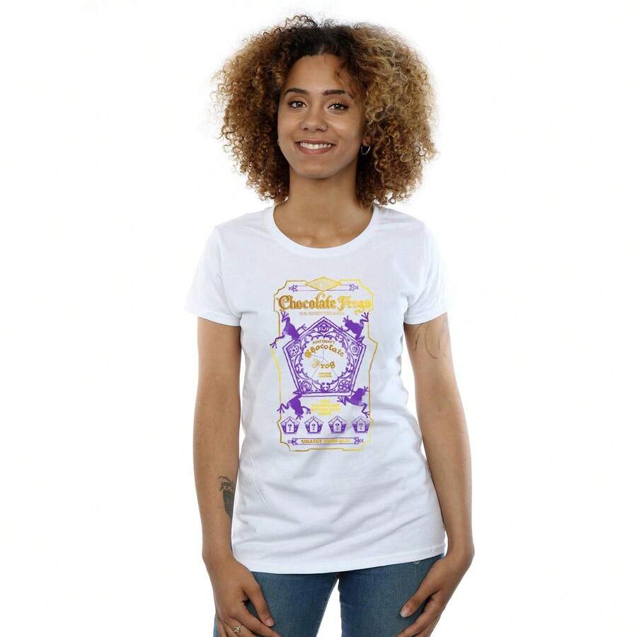 Harry Potter Damen/Frauen Schokoladenfrösche farbiges Etikett Baumwolle T-Shirt (Weiß)
