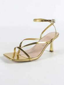 Women's Fashionable Elegant Gold Color PU Flat Thong Strap Square Toe Ankle Strap Stiletto High Heel Sandals, Charming Luxurious Metallic Shiny Party Wedding Outdoor Event High Heels - Gold - View 7