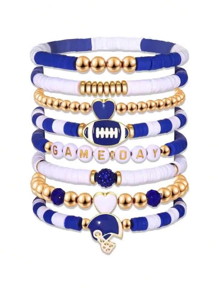 8pcs/Set Football Themed Bracelets, Stackable Elastic Sports Bracelets, Suitable Accessories For Football Fans