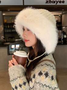 1 szt. puszysty mongolski futrzany kapelusz typu bucket hat dla kobiet, miękki i ciepły wzór futra chroni głowę i twarz przed zimnym wiatrem, regulowany ściągacz do różnych rozmiarów głowy, praktyczny i modny zimowy dodatek do codziennego noszenia