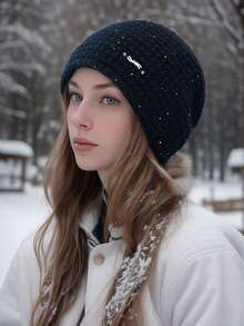 1 pieza Gorro de punto de corte holgado unisex con decoración de lazo de metal, suave y cálido, adecuado para exteriores, caminatas, uso diario en otoño/invierno