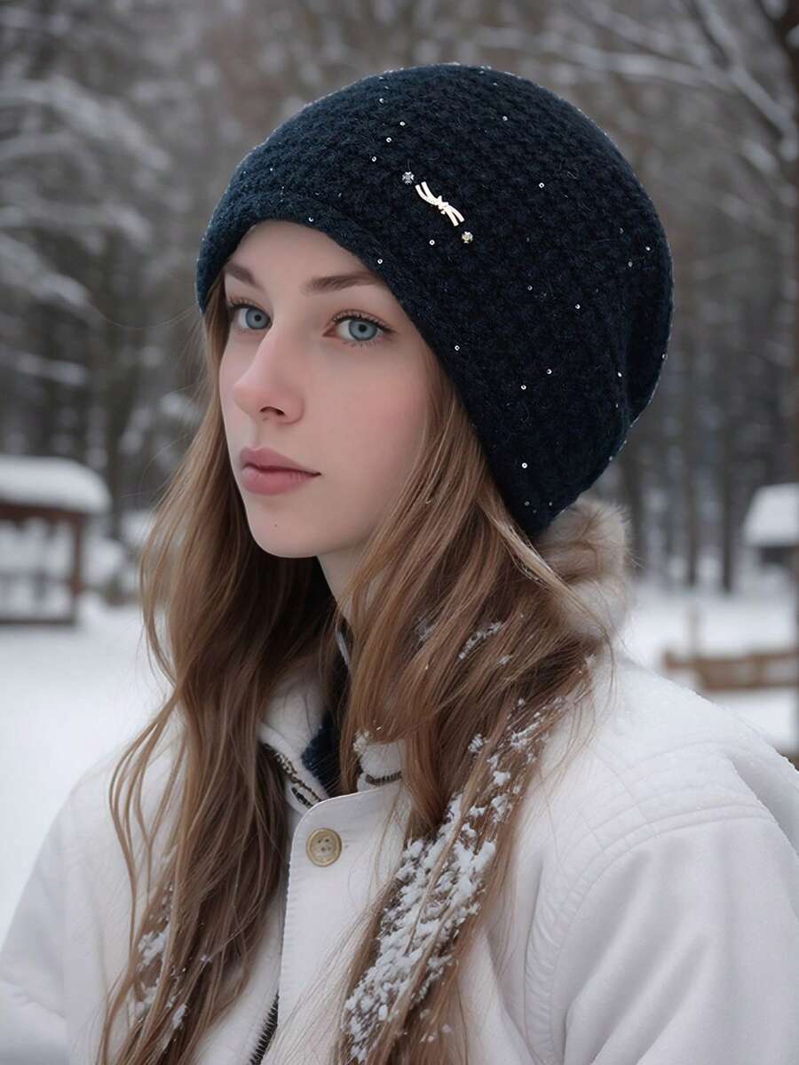 1 pieza Gorro de punto de corte holgado unisex con decoración de lazo de metal, suave y cálido, adecuado para exteriores, caminatas, uso diario en otoño/invierno