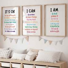 3 件/套帆布挂件，[没关系，我可以，3 张正能量语录海报或帆布印刷品，正能量语录海报，儿童教室励志墙贴，极简主义墙面装饰] 帆布墙艺术，时髦女孩艺术，励志语录艺术，家居装饰， - 彩色 - 查看 2