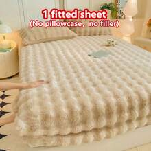 1pc Thick Faux Rabbit Fur Fitted Sheet, Mattress Protector Cover, (No Pillowcase, No Pillow Insert) Floral Pattern Fitted Sheet, Plush, Warm To The Touch, Wrinkle-Resistant, Removable And Machine Washable, Twin/Full/Queen Size - Ideal For Bedroom And Guest Room