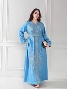 JINLICX New Style Inspired Plus Size Women Beach Vacation Sequin Patchwork Tie Waist Dress - Blue - View 3