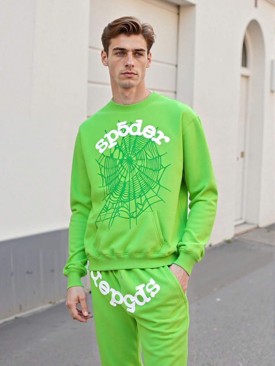 Spider Web Print Hoodie Outfit - Long-Sleeve Hooded Sweatshirt & Drawstring Pants, Ideal For Weekend Picnics, Street Style Or Loungewear - Green - View 1