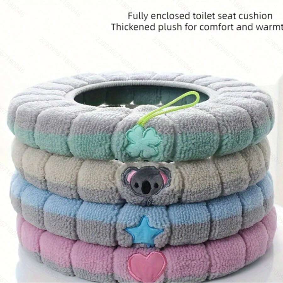 4-Piece Set Of Soft Toilet Seat Cushion, Thickened, Warm, Elastic, Washable Cloth Toilet Seat Suitable For All Oval Toilet Seats. Elastic Washable Toilet Seat Cushion Cover With Handle, Comfortable Toilet Seat Cover, Bathroom Toilet Accessory Set - 彩色 - 查看 1
