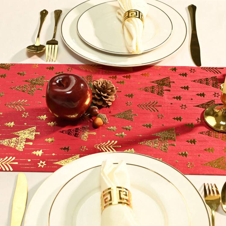1 块红色桌布，带有圣诞元素、圣诞树星星图案、桌面装饰、圣诞礼物 - 彩色 - 查看 8
