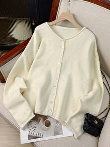 Áo khoác cardigan dài tay cổ chữ V thắt nút kiểu dáng Vivid Style dành cho nữ mùa thu/đông, dáng ngắn, thoải mái, tối giản, thời trang, màu trơn, phong cách retro, thích hợp cho ngày Valentine, trang phục Valentine cho nữ, áo hẹn hò. - Màu be - Xem 3
